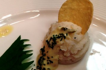 Potatoes served two ways with mash and crisps are simple yet whimiscal