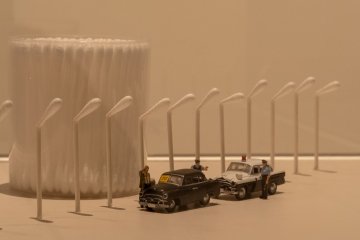 Everyday items are commonly used in Tanaka's miniature scenes