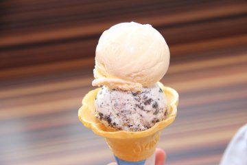 <p>Regular cones are bigger than this junior cone, shown with a scoop each of vanilla and chocolate chip</p>