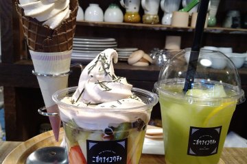 Assorted drinks and sweets.