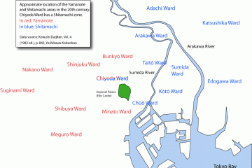 This map indicates where you'd find Yamanote and Shitamachi in modern-day Tokyo