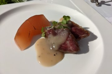 Grilled beef with salted koji and sautéed apple