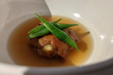 Japanese-style consomme soup with a beef/tofu/apple/veggie ball