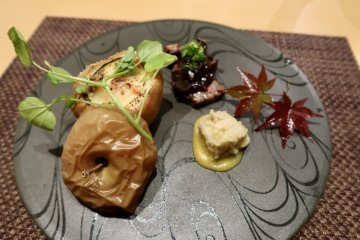 Stuffed apple, fried sesame tofu, and Wakasa beef