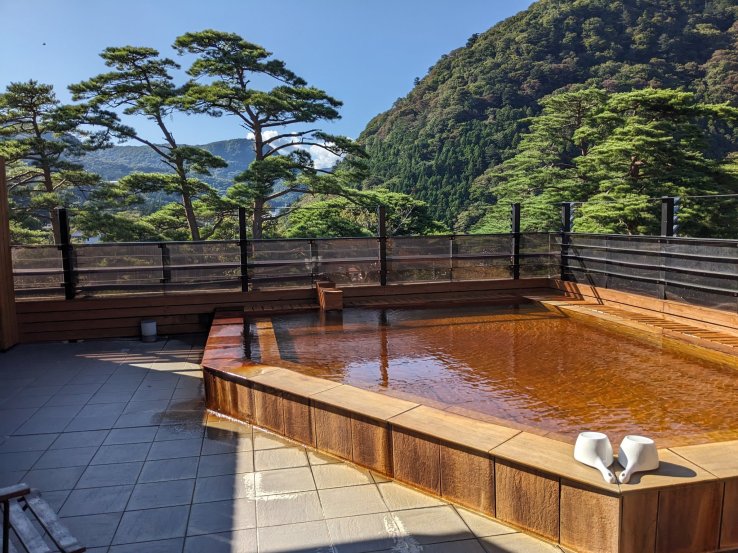 Hot spring with a view from the rooftop bath