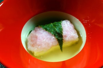 Steamed yuba with cherry leaf