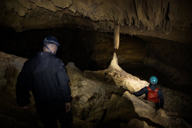 Stalactites from above, stalagmites from below
