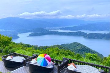 Ms. Kawaguchi admiring the view of the Five Lakes of Mikata