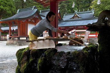 You should take one of the ladles provided, fill it with fresh water and rinse both hands. Then transfer some water into your cupped hand, rinse your mouth and spit the water beside the fountain.