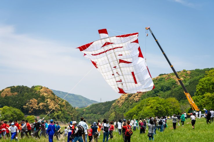 Giant kite preparing to take flight during the Ikazaki Kite Battle Festival held on May 5 every year.