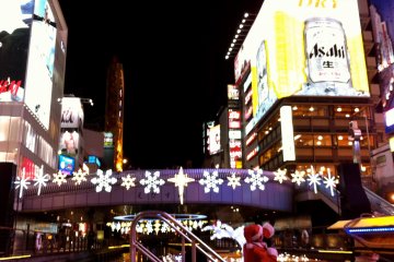 Christmas lights strung along the Ebisubashi Bridge