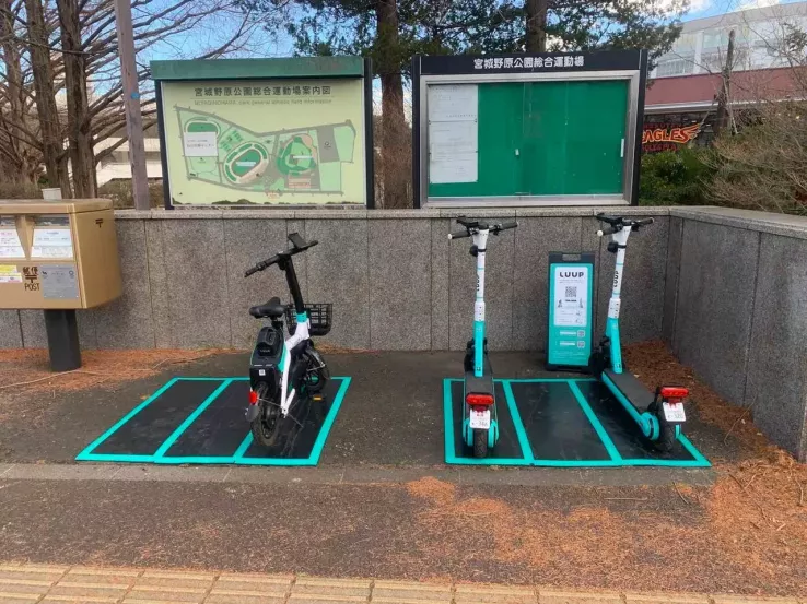 A LUUP Port, showing parked e-bikes and e-scooters