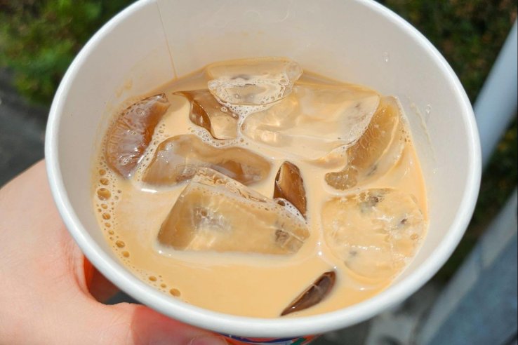 A close-up of an iced latte from Lawson