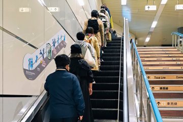 People standing on the left side of an escalator