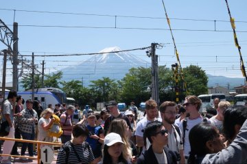A crowd of people with Mt. Fuji in the background