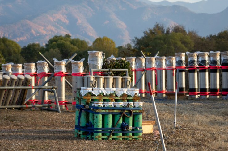 Firework launch tubes lined up at Saigawa Second Green Field in Nagano