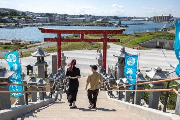 Descending the steps of Kabushima Shrine