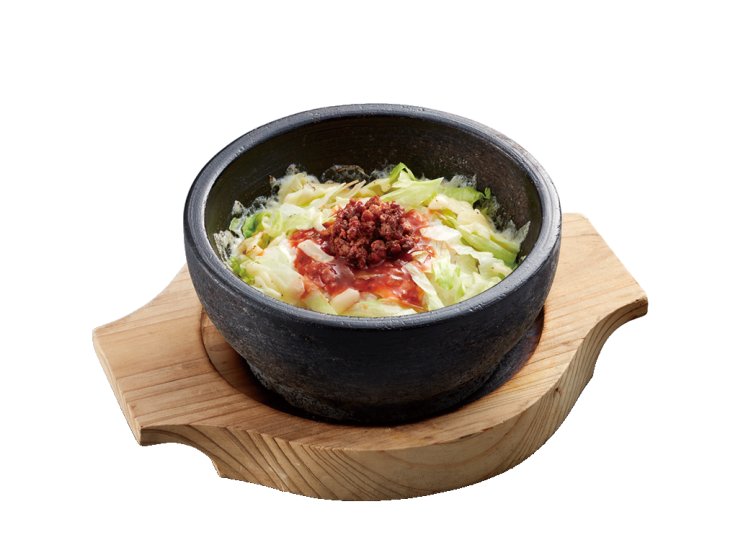Stone-grilled taco rice served in a hot stone bowl (649 JPY including tax), combining seasoned meat and rice with crispy edges