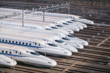 Parked bullet trains in a row