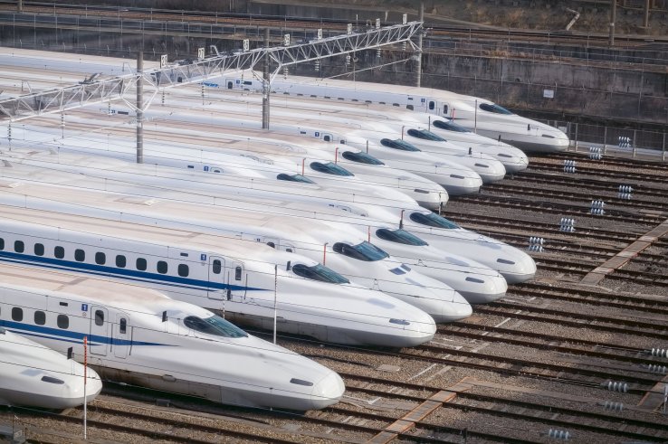 Parked bullet trains in a row