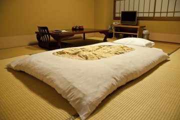 At night the futon is set out on the tatami floor.