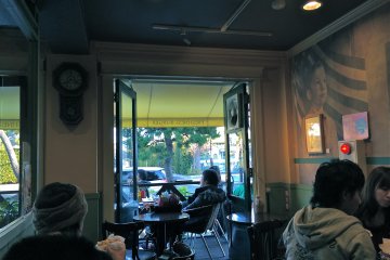 Looking out towards the porch at Freshness Burger in Kamakura