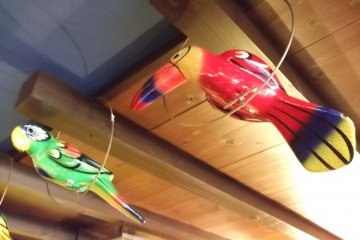 <p>Colorful birds watch over the customers</p>