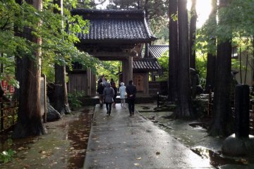 <p>The front main gate is flanked by towering trees at&nbsp;Gyokusenji Temple in the town of Tsuruoka, Yamagata Prefecture</p>