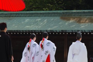 <p>Not only bride and groom are perfectly dressed; the priest and the shrine's maidens ('miko' in Japanese),&nbsp;who lead the procession, look more than perfect, too.</p>