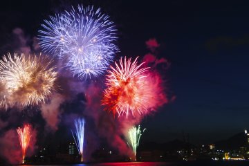 Fireworks and the waterfront of the Kobe Port area
