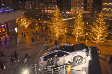 Lights at the&nbsp;Solamachi Mall. Subaru has put up a display of the latest Forester model.&nbsp;You can sit in the car tilted at 50 degree and take a look at the towering Skytree.