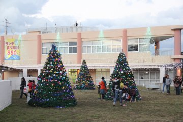 The Christmas theme starts once leaving the parking lots
