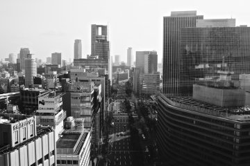 <p>A black and white photograph&nbsp;of the city street as taken from the Sky Lobby</p>