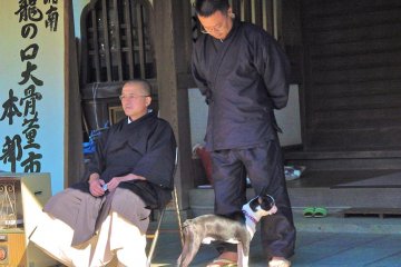 Temple monks and their dog, observing the market.