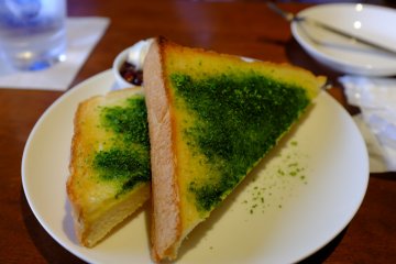 <p>The matcha green tea toast is a savory and sweet snack.</p>