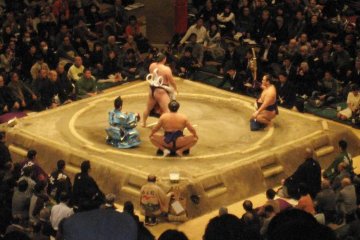 The highest ranked wrestler performing his ring entering ceremony