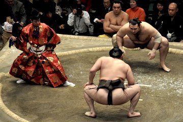 Hakuho and Kotooshu get ready to fight