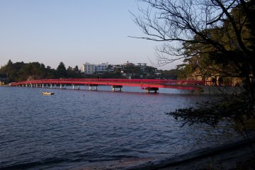 <p>View of the red bridge from Fukuurajima's first beach facing the mainland.</p>