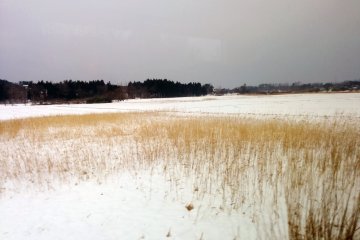 Grassy plains and&nbsp;fields are all but fully covered with snow along the train line during winter.