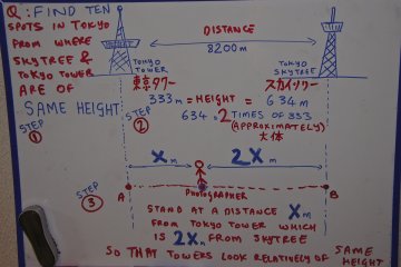 Now for the mathematically inclined visitors, note that the Tokyo Skytree&nbsp;(634m) is almost&nbsp;twice the height of&nbsp;Tokyo Tower (333m). They are also 8.2 kilometers away from each other. So if&nbsp;stand at a distance "x" from the Tokyo Tower which also is "2x" from the Tokyo Skytree,&nbsp;then I should be able to view the two towers appearing to be of the same height.&nbsp;