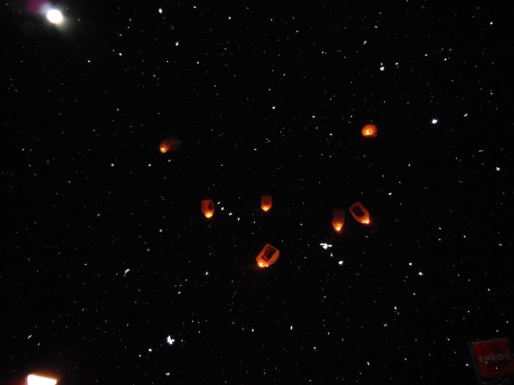 <p>Lanterns sparkle in the sky.</p>
